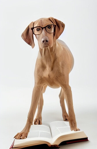 Kestrel the Vizsla wearing glasses and standing on an open book